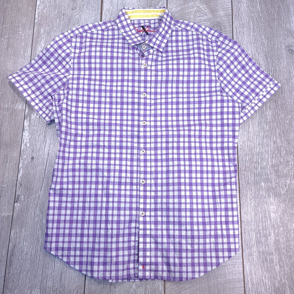 Robert Graham Button Up Shirt Mens XL Purple Gingham Floral Tailored Fit SS
